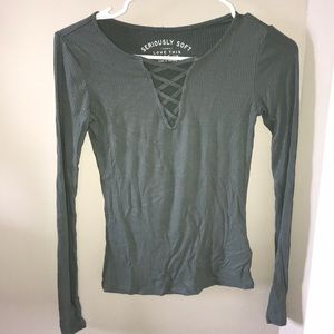 fitted long sleeve lace up tee